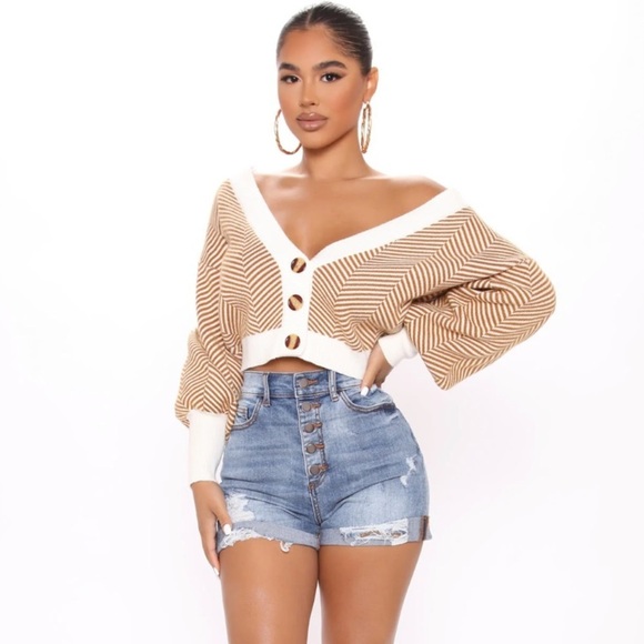 Sweaters - NEW Fashion Nova Brown White Cropped Cardigan Off Shoulder Sweater XS​